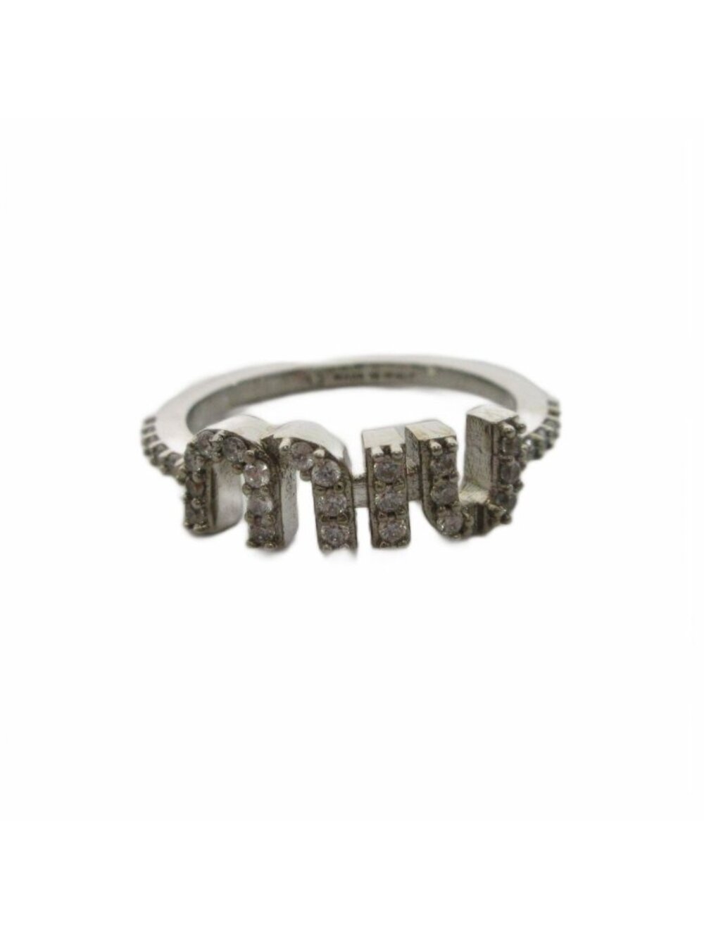 Miu Miu Zirconia Ring Logo Cubic Brass Silver Colored Clear